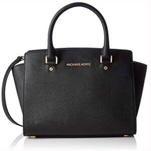 MK MICHAEL KORS  SELMA Saffiano Leather Black Gold detach strap 12.5 x 9 x 4.5"